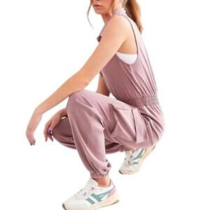 BKE Rose Pink Washed Knit Sleeveless Zip Up Cargo Relaxed Utility Jumpsuit S